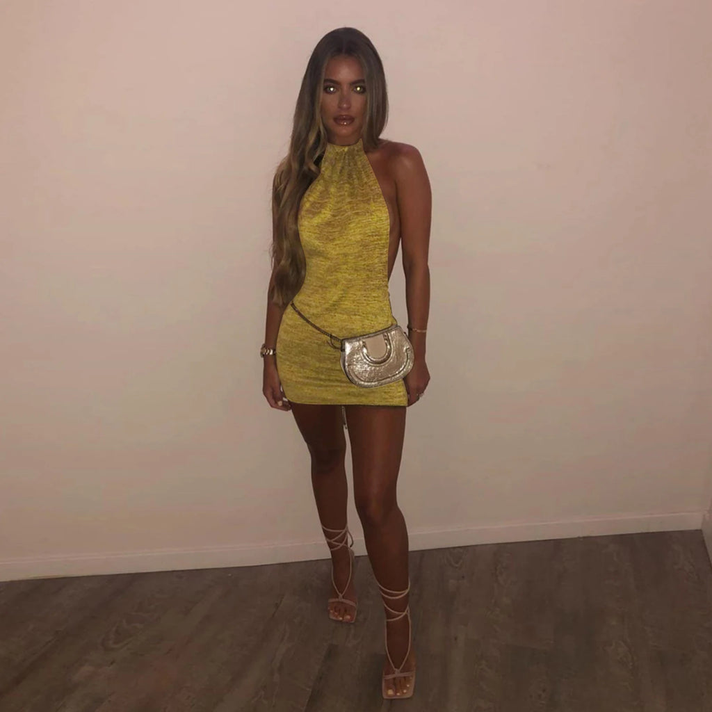 Cryptographic Halter Sexy Backless Mini Dresses Bodycon Skinny Club Party Sleeveless Knitted Dress Fall Streetwear Beach Holiday