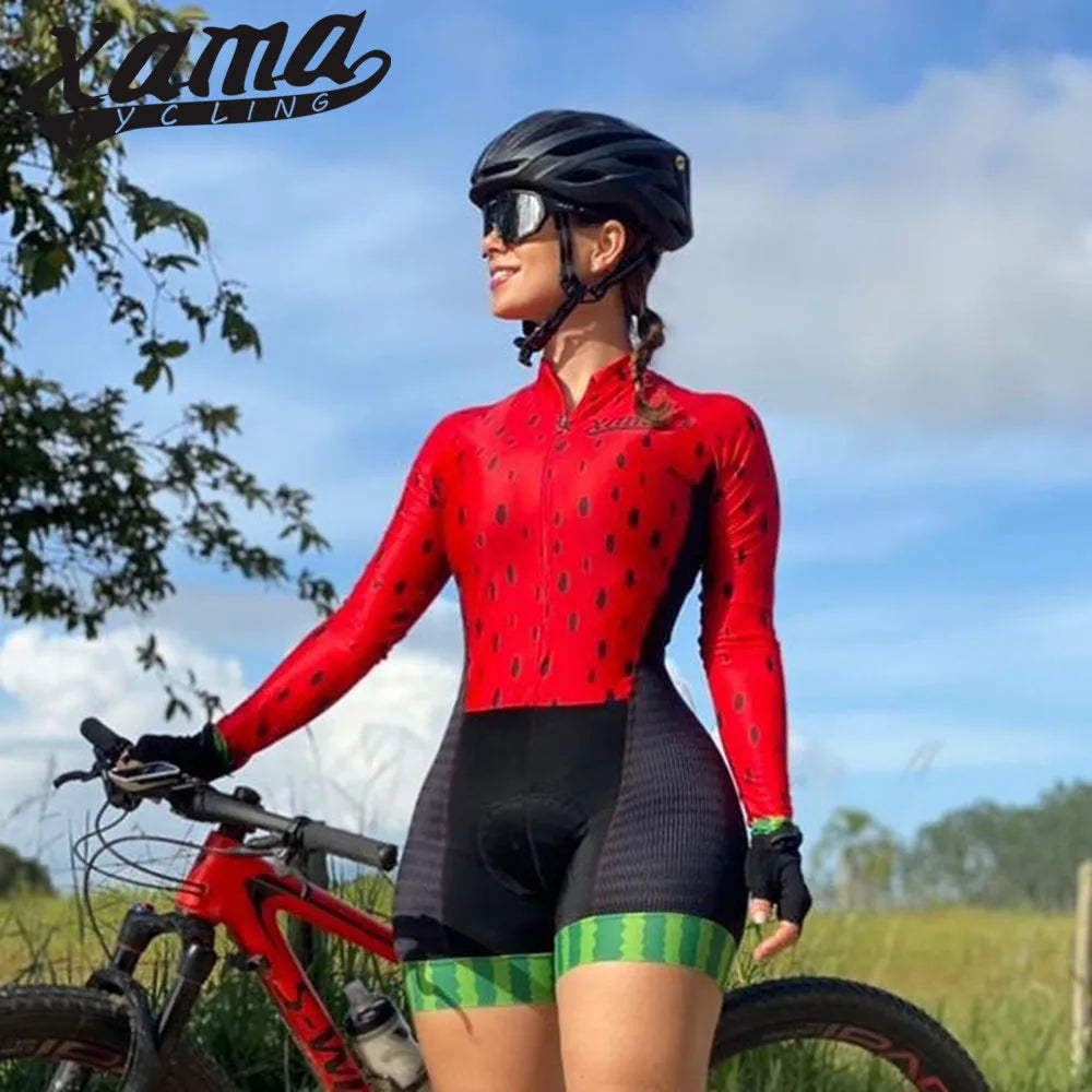Women's Long Sleeve Xama Cycling Jumpsuit Aero Suit Red/Black Pro Bicycle Swimsuit Macaquinho Ciclismo Feminino 2XS-4XL Size Kit