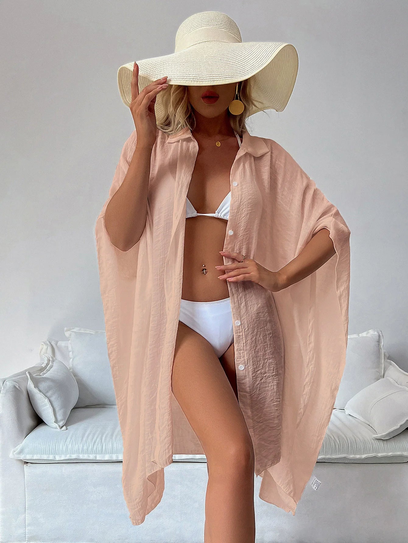 Summer Loose Cardigan  Sun Protection Sarong Woman Bikini Cover-up Swimsuit Solid Beachwear Cover-Ups Swimwear Kimono Dress