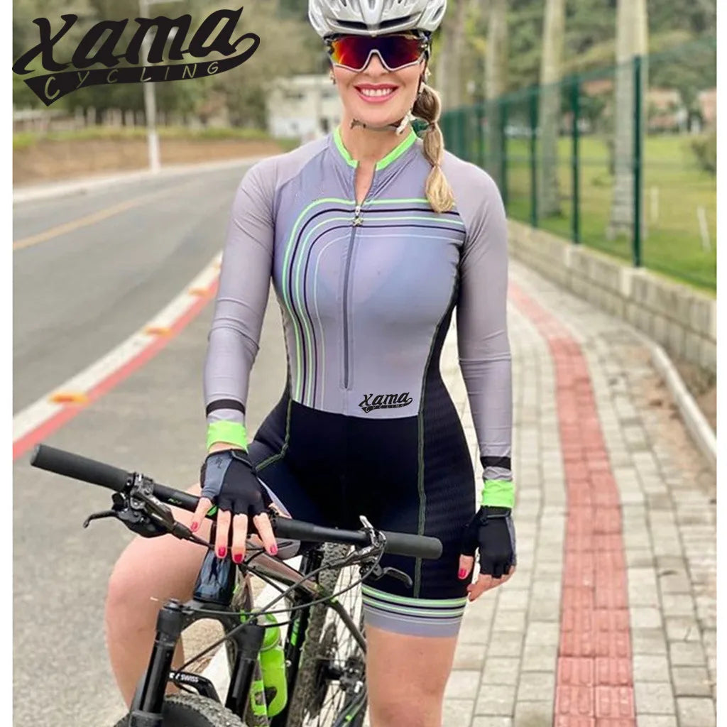 Women's Long Sleeve Xama Cycling Jumpsuit Aero Suit Red/Black Pro Bicycle Swimsuit Macaquinho Ciclismo Feminino 2XS-4XL Size Kit