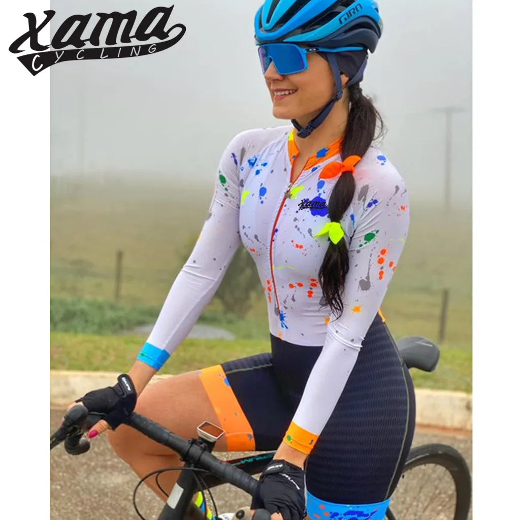 Women's Long Sleeve Xama Cycling Jumpsuit Aero Suit Red/Black Pro Bicycle Swimsuit Macaquinho Ciclismo Feminino 2XS-4XL Size Kit