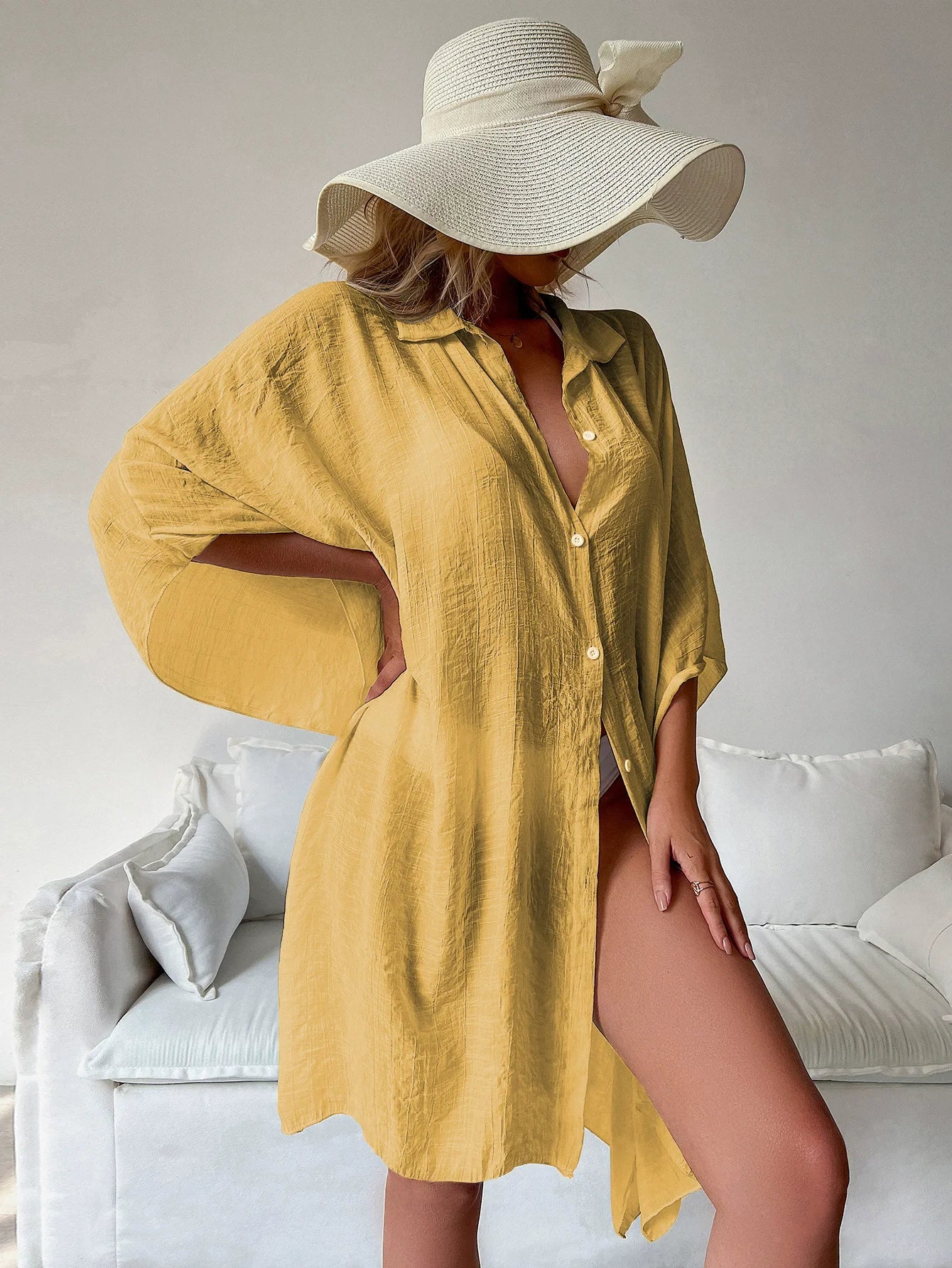 Summer Loose Cardigan  Sun Protection Sarong Woman Bikini Cover-up Swimsuit Solid Beachwear Cover-Ups Swimwear Kimono Dress
