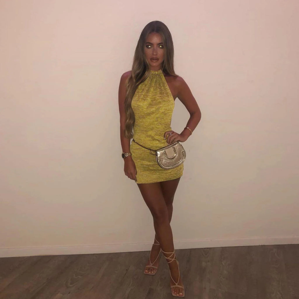 Cryptographic Halter Sexy Backless Mini Dresses Bodycon Skinny Club Party Sleeveless Knitted Dress Fall Streetwear Beach Holiday