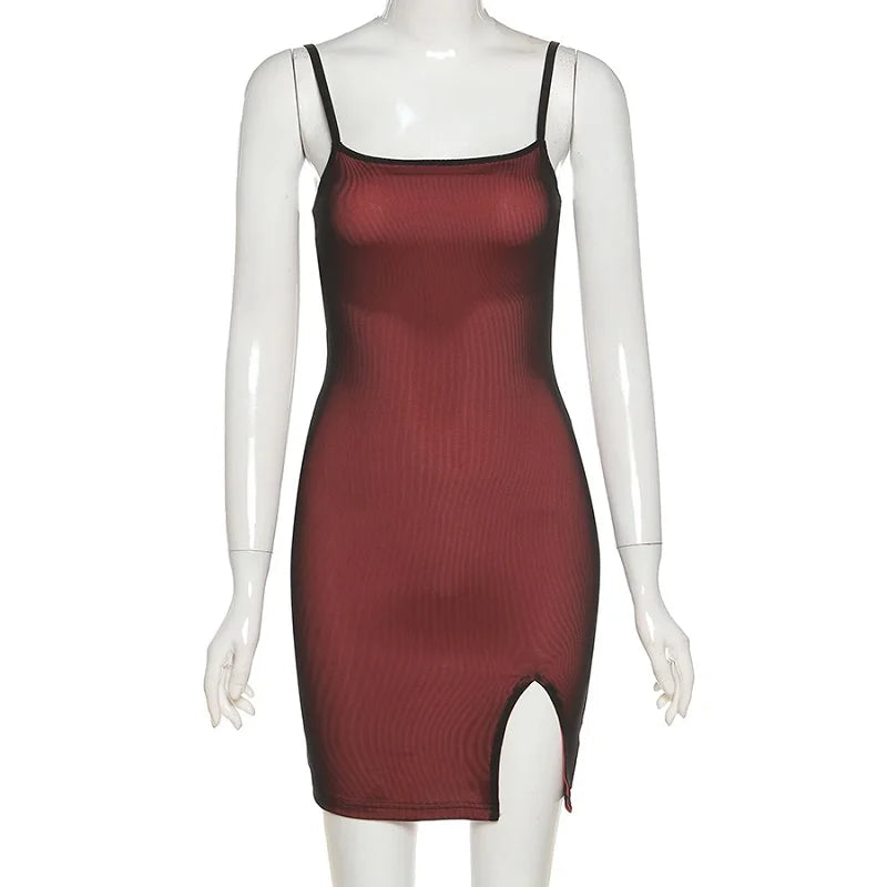 Mesh doppellagiges sexy schmales Kleid Damen ärmellos Party Bodycon 2023 Bandage elastischer Schlitz Trend Clubwear eng anliegendes Outfit