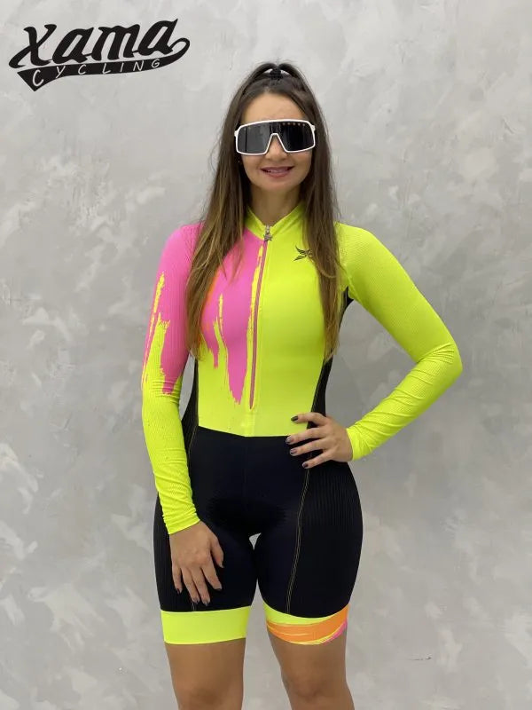 Women's Long Sleeve Xama Cycling Jumpsuit Aero Suit Red/Black Pro Bicycle Swimsuit Macaquinho Ciclismo Feminino 2XS-4XL Size Kit