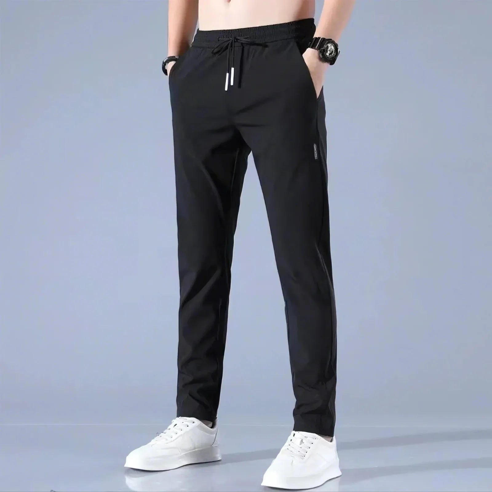 Herren Fast Dry Stretchhose Eisseidehose Einfarbig Mittlere Taille Locker Atmungsaktive Straight-Leg Freizeithose Dünne Sporthose