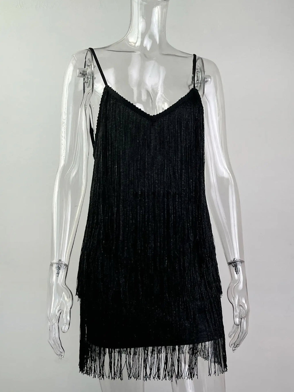 Leosoxs Damen sexy tiefes V-Ausschnitt Spaghettiträger Fransen Bodycon Minikleid Quasten rückenfrei Gatsby Cocktail Club Partykleider