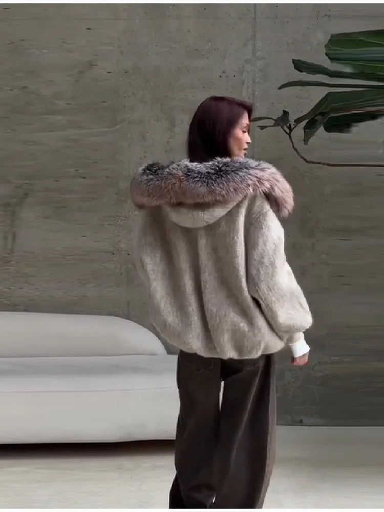 Vintage Thicken Faux Fur Woolen Jacket Women Fashion Hooded Pocket Lantern Sleeve Elastic Waist Coat Winter Female Daily Outwear