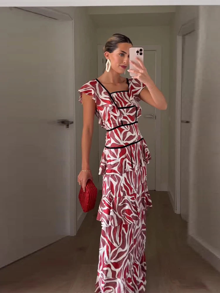 Bedrucktes Cascading Ruffles Damen Maxikleid Quadratischer Ausschnitt Kurzarm Damenkleider 2026 Mode Hohe Taille A-Linie Damen Robe