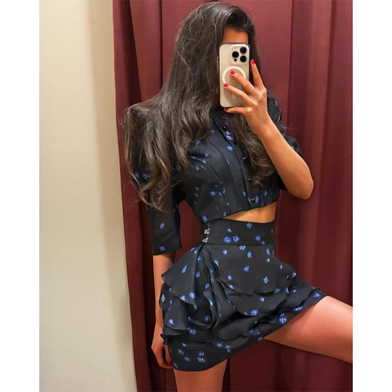 Chic Ruffle Print Slim Short Dress Women Chic Patchwork Flared sleeves V-neck Pleated Dresses 2026 Lady Summer Casual Vestido