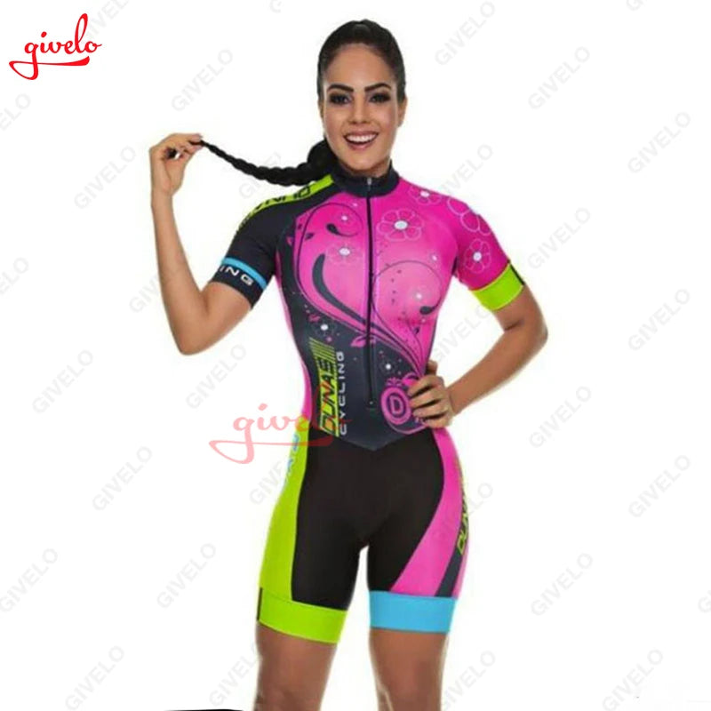 GIVELO Women's Female Cycling Macaquinho Ciclismo Feminino Triathlon Women's Short Sleeve Dress Suit Summer Blue Cycling Overall