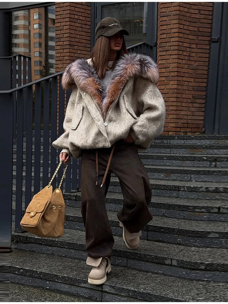 Vintage Thicken Faux Fur Woolen Jacket Women Fashion Hooded Pocket Lantern Sleeve Elastic Waist Coat Winter Female Daily Outwear