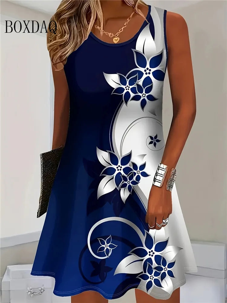 2025 Damen Sommer Ärmelloses Bohemian-Kleid Mode Imitation Cowboy-Weste Blumen Print Kleid Lässiges Tank-Strandkleid für Damen