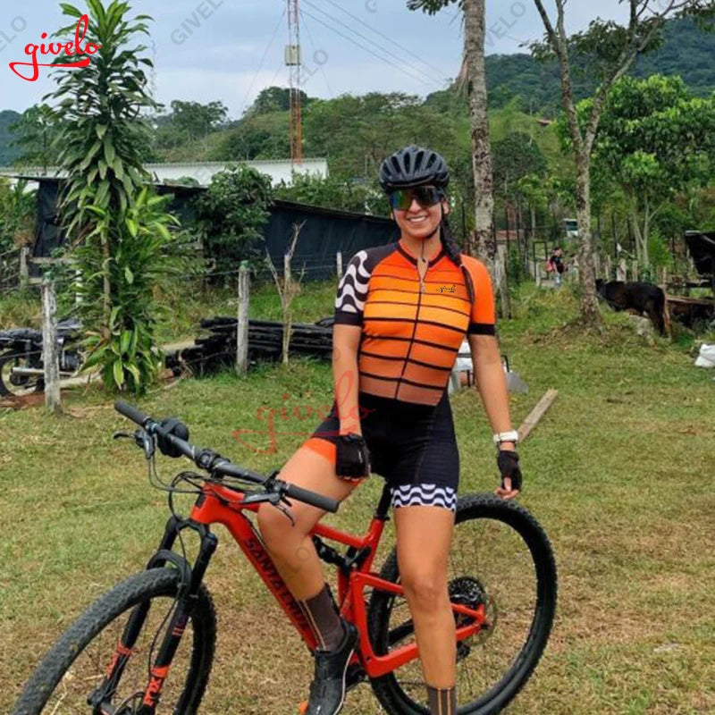GIVELO Women's Female Cycling Macaquinho Ciclismo Feminino Triathlon Women's Short Sleeve Dress Suit Summer Blue Cycling Overall