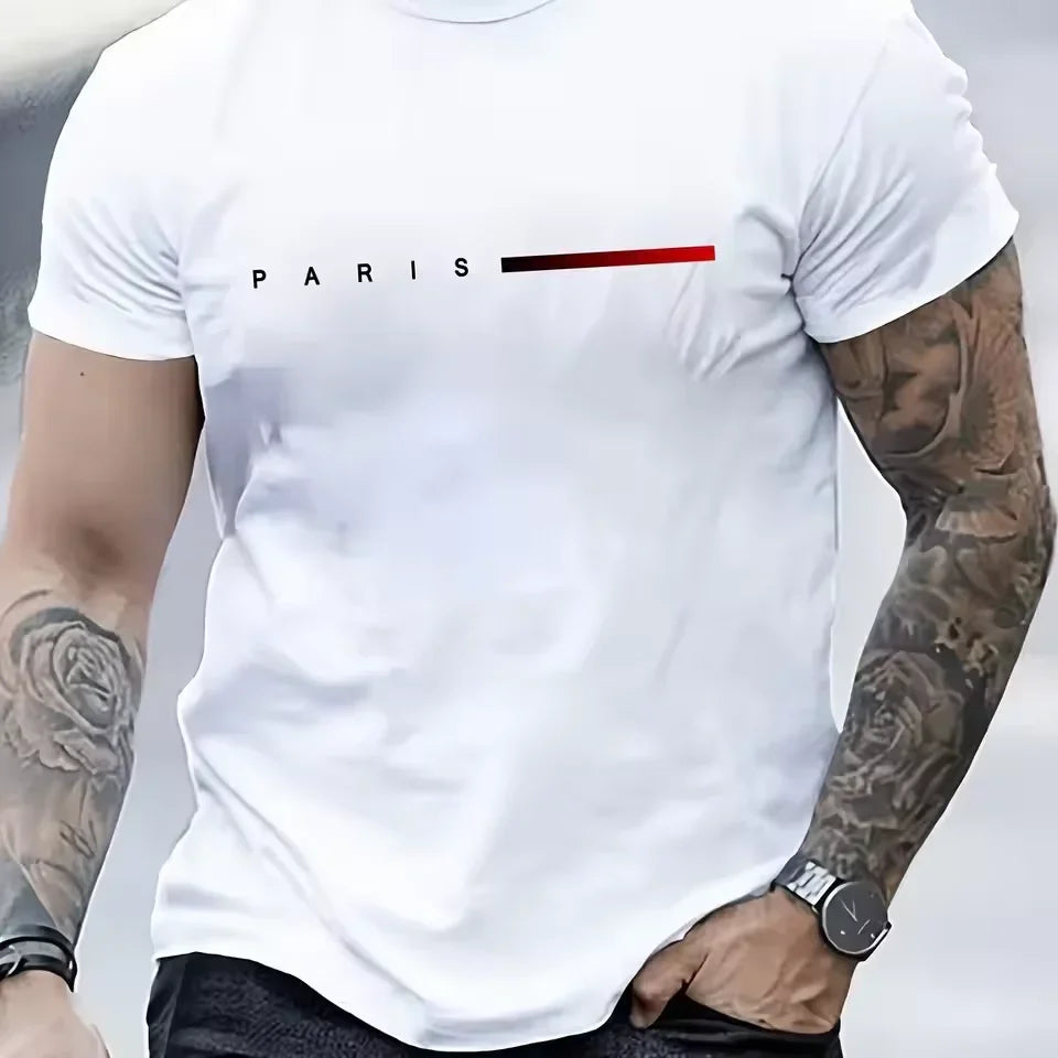 Herren 100% Baumwolle Sommer Locker PARIS Kreativer Buchstabenprint Freizeit Slim Fit Rundhals Kurzarm T-Shirt Oberteil