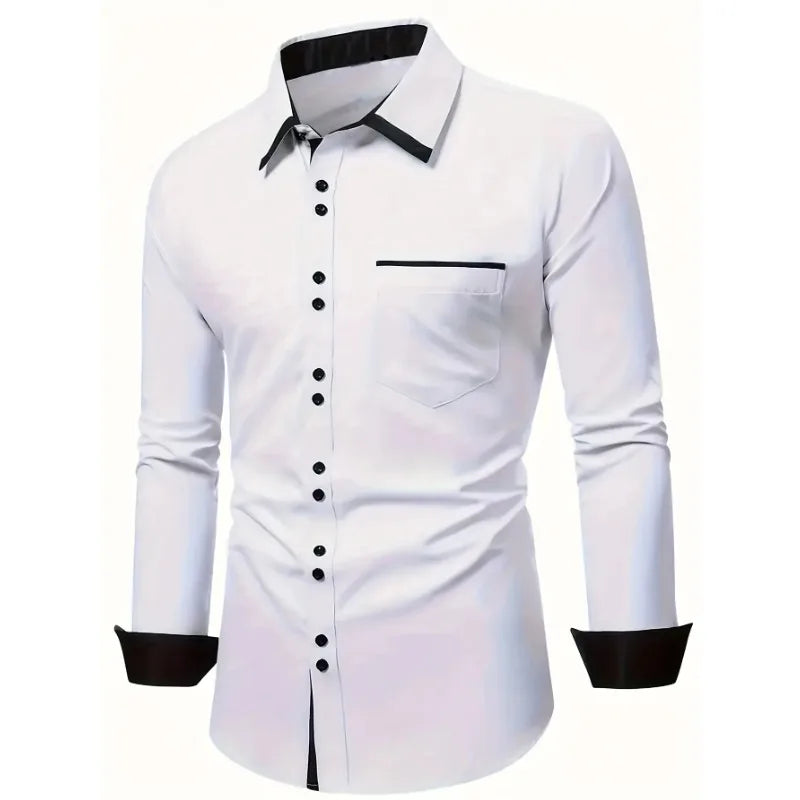 FGKKS Herren Weißes Hemd Brandneue Herrenmode Patchwork Langarm Elastisches Hemd Vier Jahreszeiten Herren Freizeithemden
