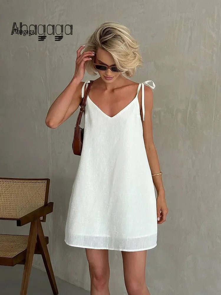Ahagaga Fashion Damenkleider, einfarbig, Träger, Bandage, normal, lässig, V-Ausschnitt, ärmellos, Sommer-Camisole, locker, süß, weiblich, Vestido