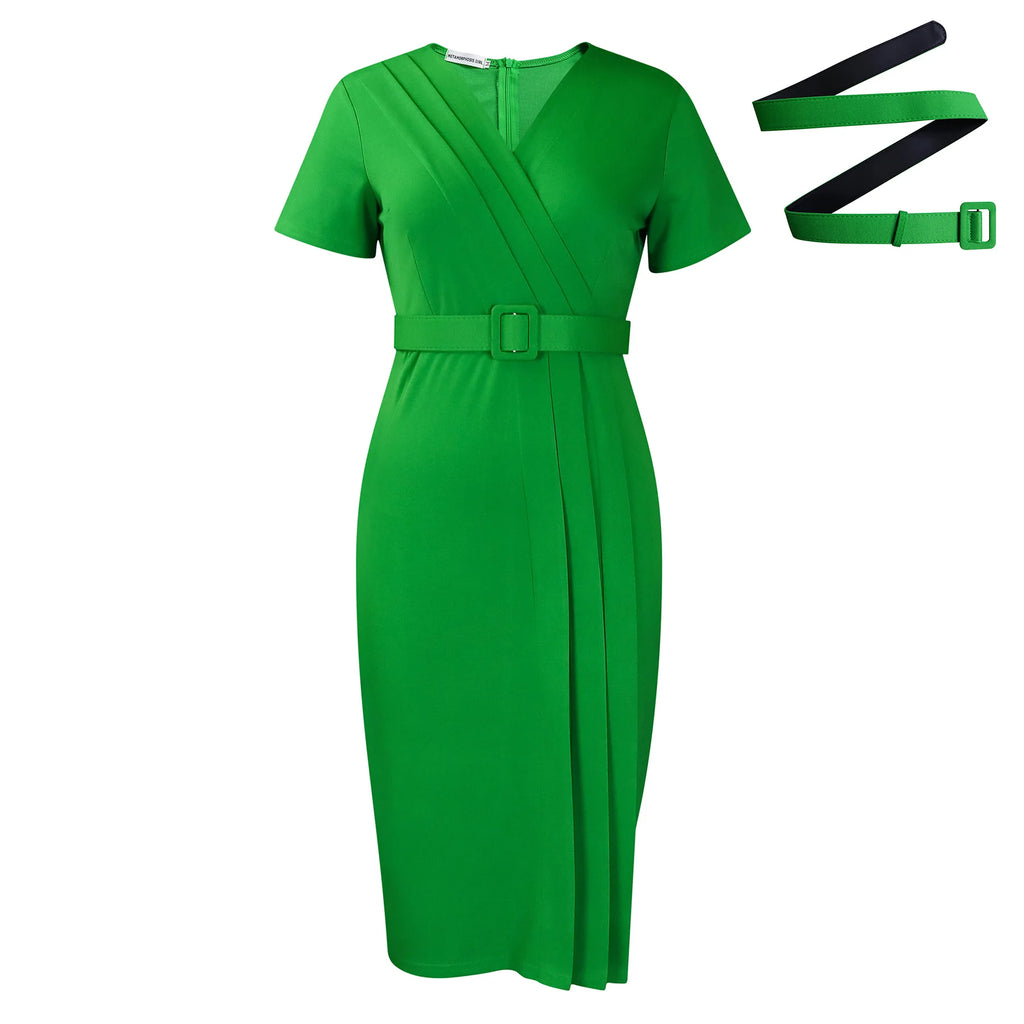 Summer New 2026 Women's Solid Color V-Neck Short Sleeve Dress Pencil Skirt Waist Tunle Material Fashionable Casual Maxi Dress