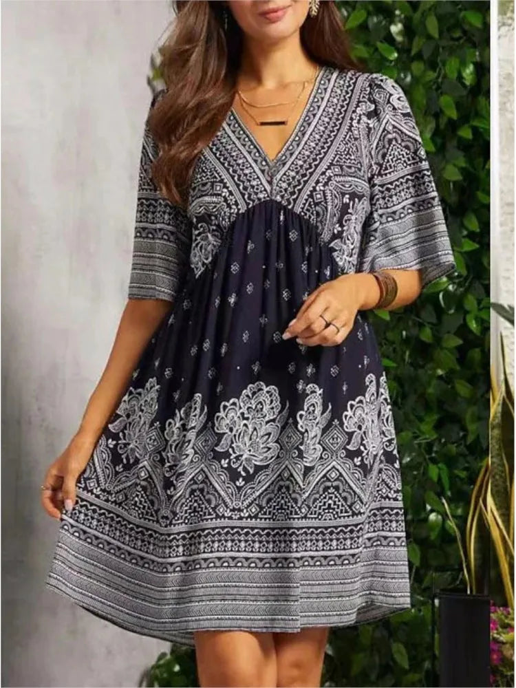 Autumn Women' Dress Summer V-neck Vintage Print Holiday Beach National Style Boho Midi Loose Dresses For Women Casual Vestidos