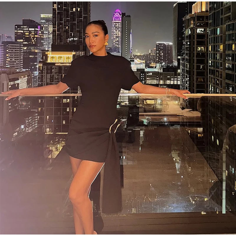 Elegantes Minikleid Damen Schleifen Schmal O-Ausschnitt Kurzarm Über dem Knie Kleider Weiblich Frühling Sommer Partykleid Lady High Street