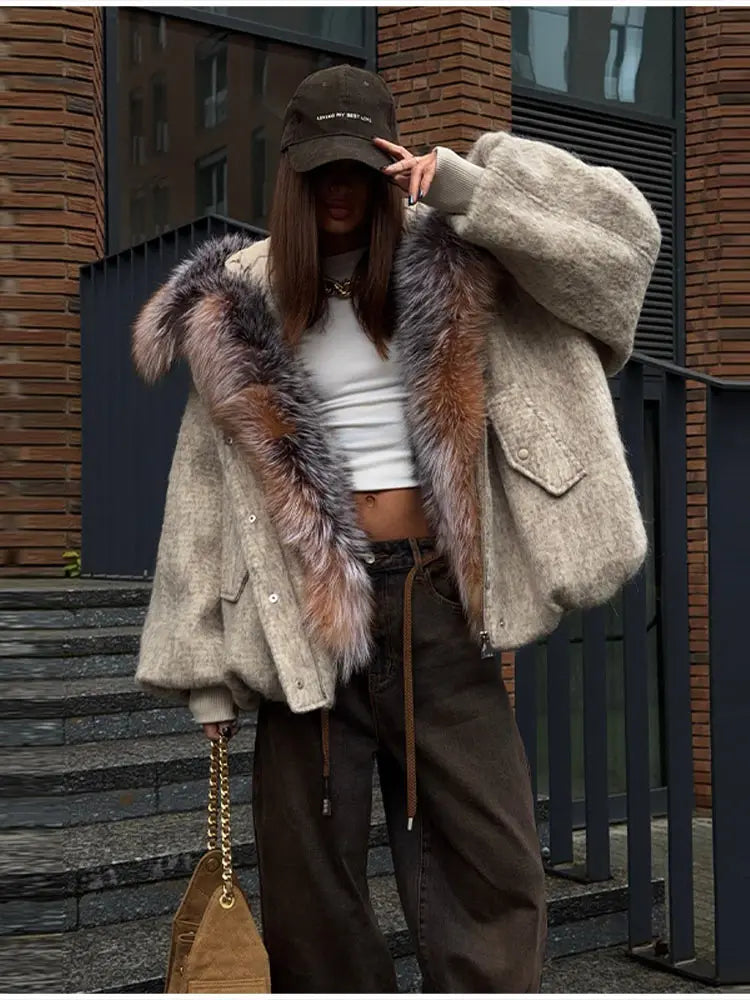 Vintage Thicken Faux Fur Woolen Jacket Women Fashion Hooded Pocket Lantern Sleeve Elastic Waist Coat Winter Female Daily Outwear