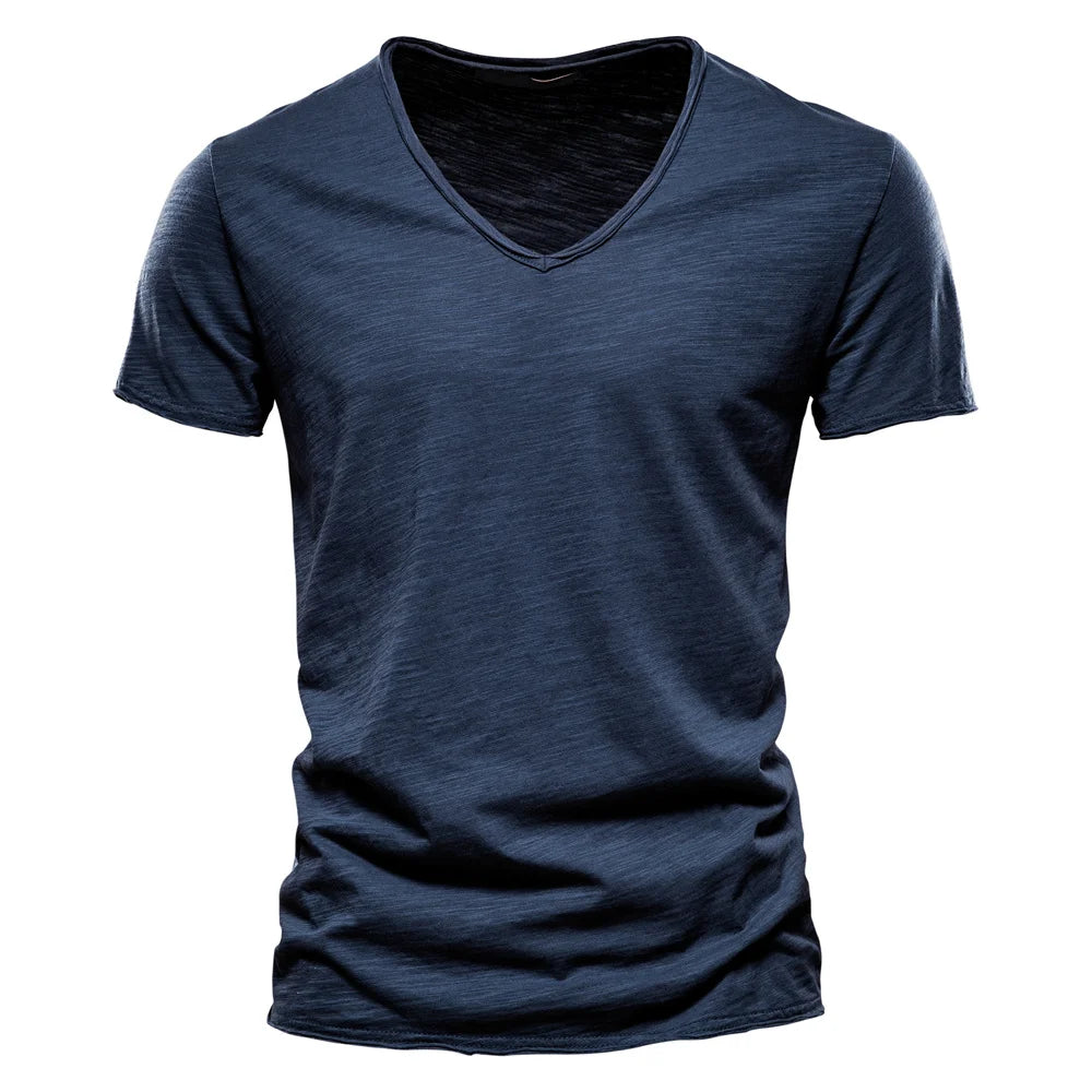Brand Quality 100% Baumwolle Herren T-Shirt V-Ausschnitt Fashion Design Slim Fit Uni T-Shirts Herren Oberteile Kurzarm T-Shirt Für Herren