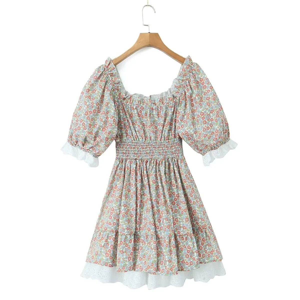 Gypsylady Geblümtes gestuftes Rüschen-Minikleid Spitze Puffärmel Sommerurlaub Sexy Schnürkleid Damen Kleider Party Damen Vestidos Neu