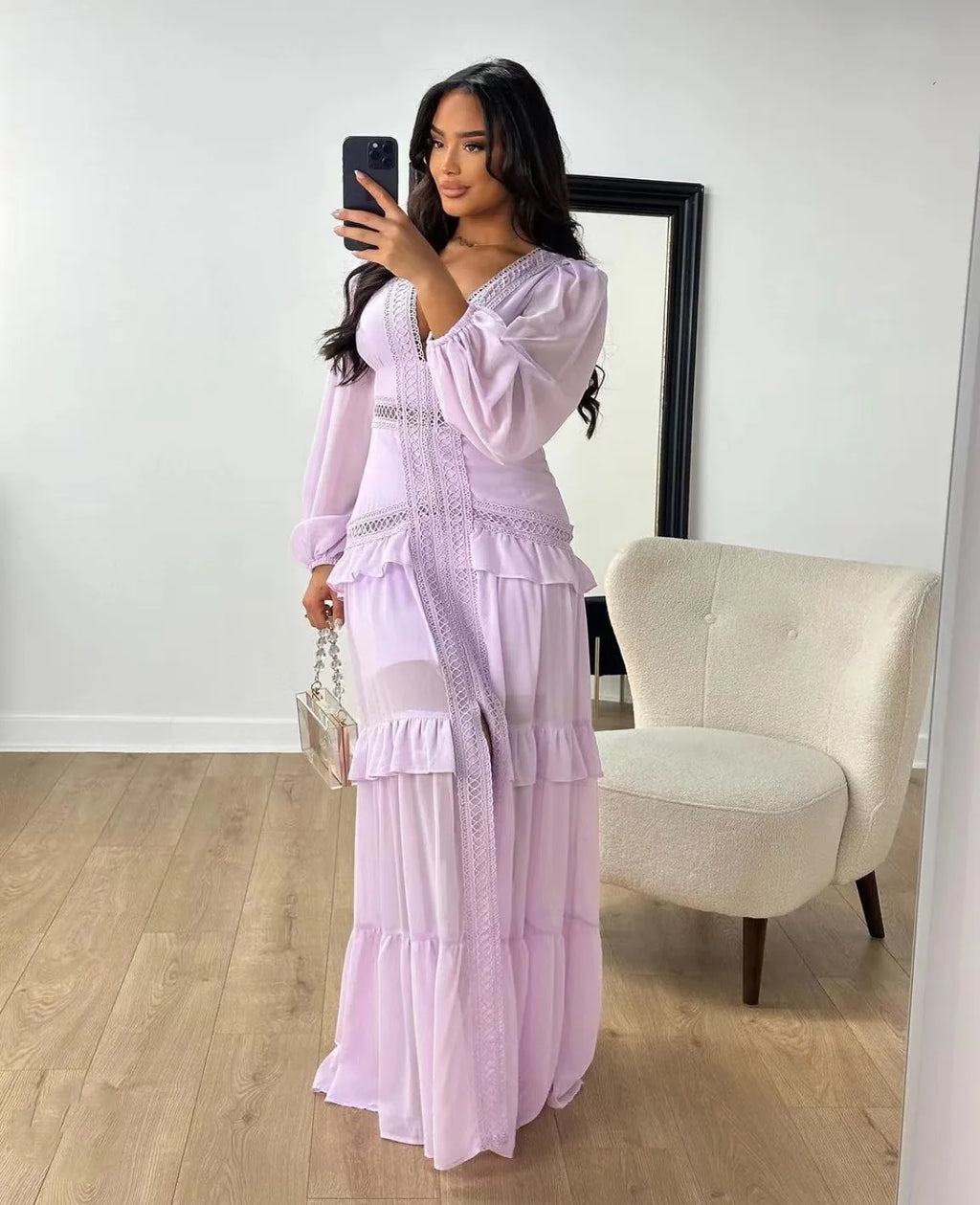 CM.YAYA Damen V-Ausschnitt Langarm Rüschen Spitze Langes Maxi-Kleid 2025 Frühling Strand Urlaub Party Sexy Street Vestidos Sexy Kleider