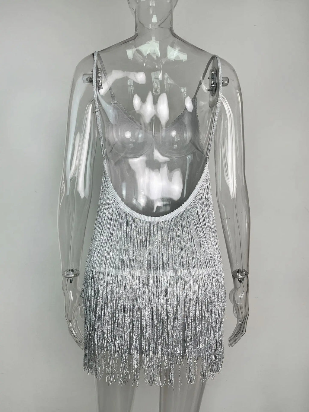 Leosoxs Damen sexy tiefes V-Ausschnitt Spaghettiträger Fransen Bodycon Minikleid Quasten rückenfrei Gatsby Cocktail Club Partykleider