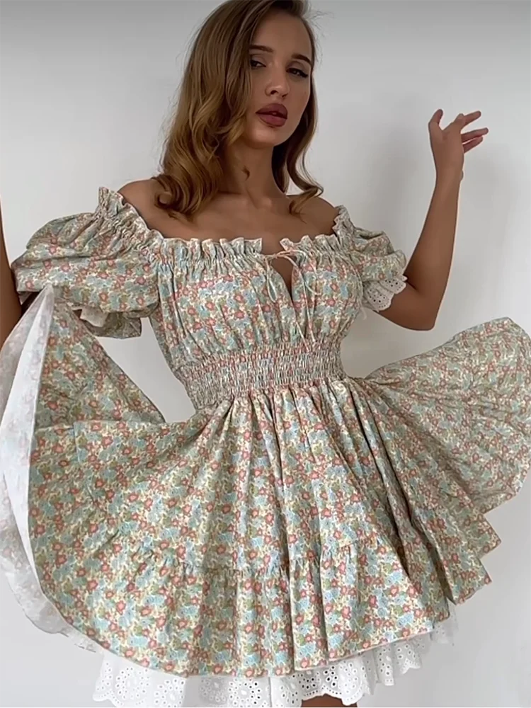 Gypsylady Geblümtes gestuftes Rüschen-Minikleid Spitze Puffärmel Sommerurlaub Sexy Schnürkleid Damen Kleider Party Damen Vestidos Neu