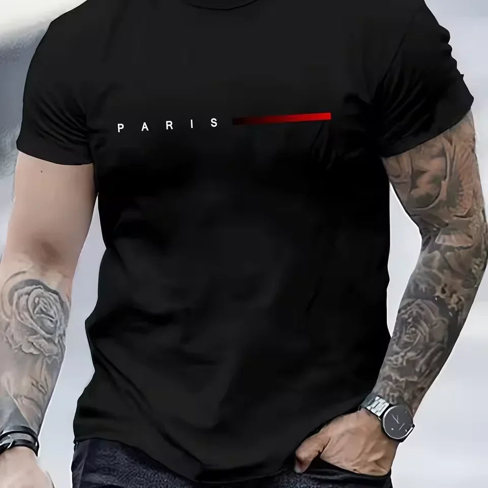 Herren 100% Baumwolle Sommer Locker PARIS Kreativer Buchstabenprint Freizeit Slim Fit Rundhals Kurzarm T-Shirt Oberteil