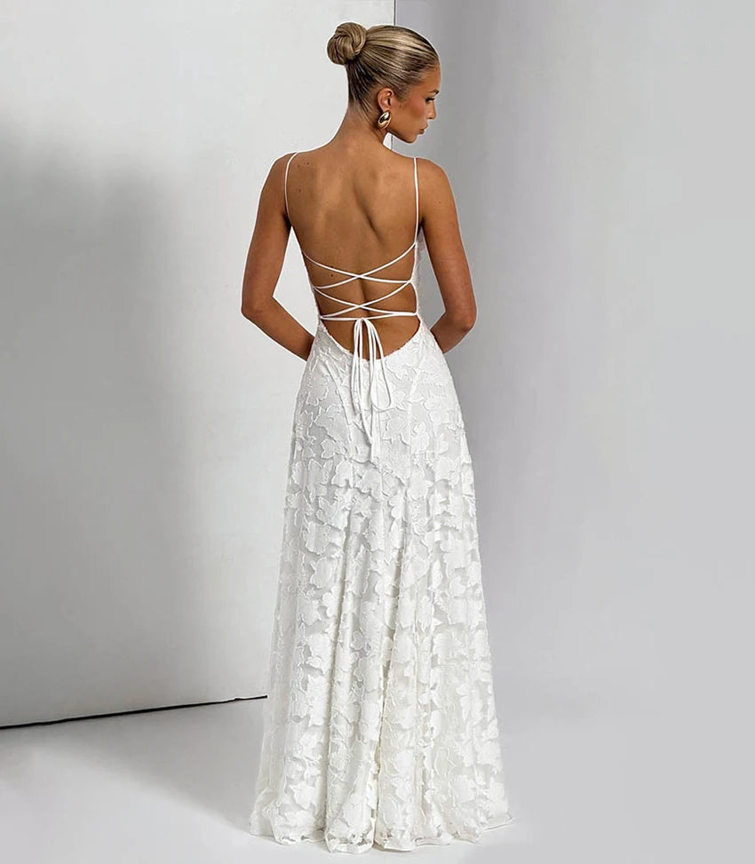 2026 Blumengesticktes Maxikleid für Damen, Sommerparty, Ballkleider, sexy rückenfreie Trägerkleider im französischen Stil, Abendkleid
