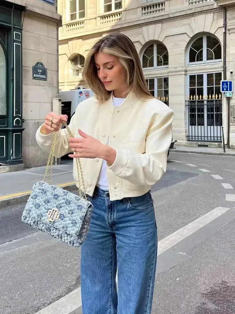 HXAO Woman Bomber Jacket Coat White Autumn Winter Button Baseball Aviator Cropped Jackets for Women Long Sleeve Crop Outerwear