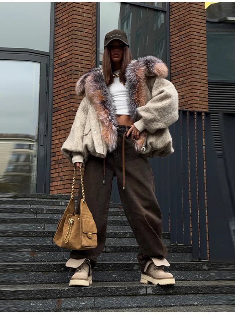 Vintage Thicken Faux Fur Woolen Jacket Women Fashion Hooded Pocket Lantern Sleeve Elastic Waist Coat Winter Female Daily Outwear