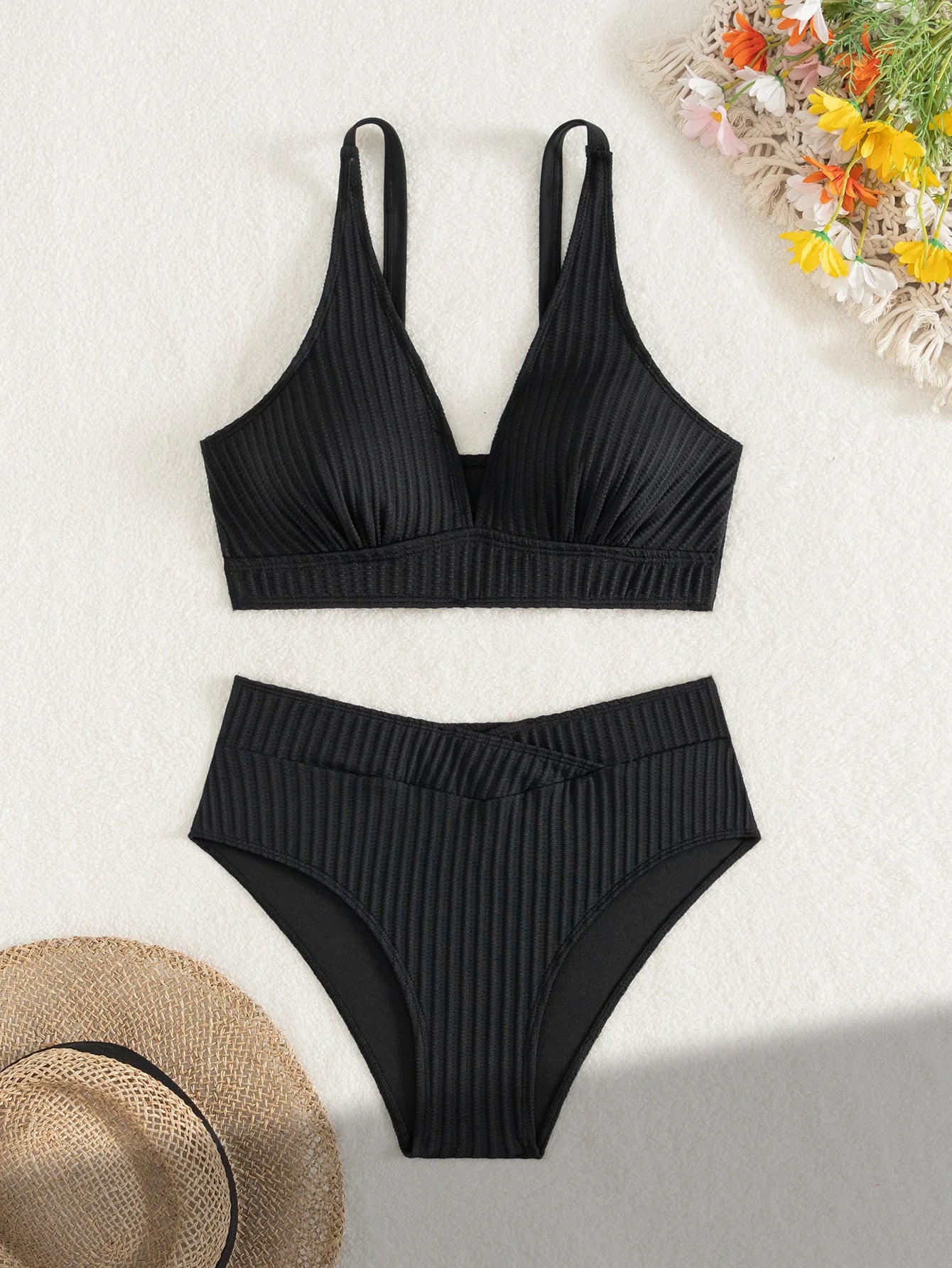 Sexy High Waist Bikini Set 2025 Damen V-Ausschnitt Gerippter Push-Up Zweiteiliger Badeanzug Sommer Bademode Urlaubs-Bademode Biquini