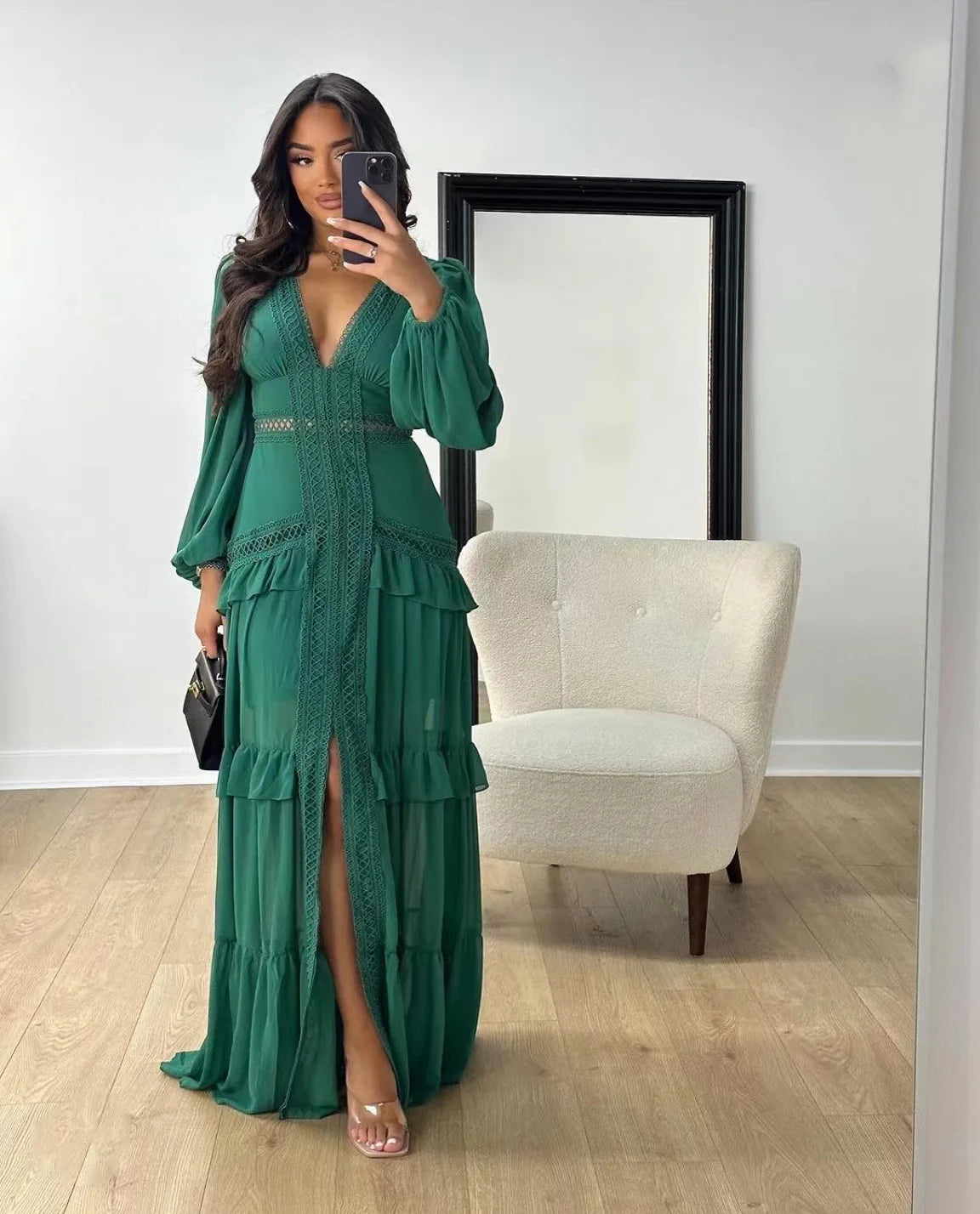 CM.YAYA Damen V-Ausschnitt Langarm Rüschen Spitze Langes Maxi-Kleid 2025 Frühling Strand Urlaub Party Sexy Street Vestidos Sexy Kleider