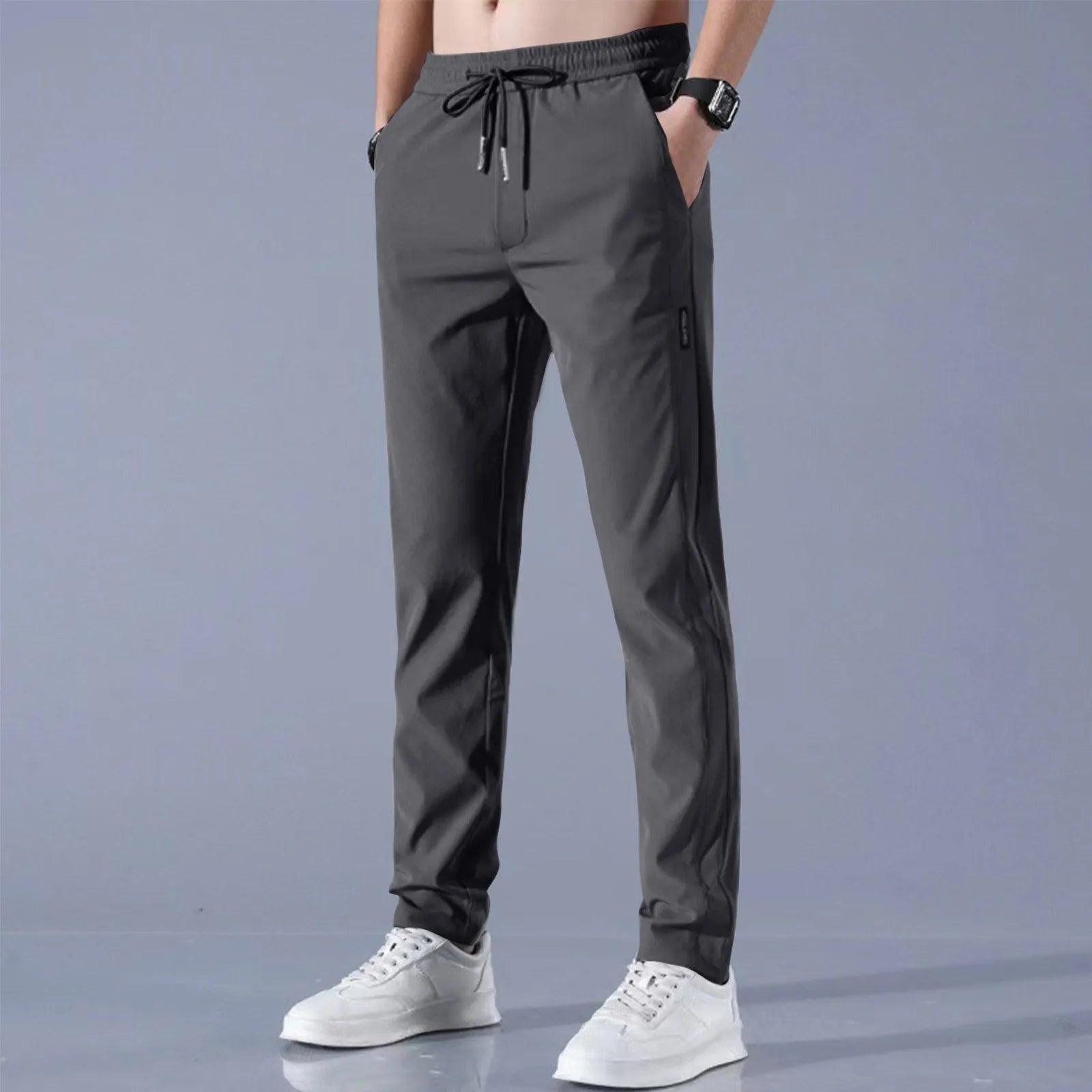 Herren Fast Dry Stretchhose Eisseidehose Einfarbig Mittlere Taille Locker Atmungsaktive Straight-Leg Freizeithose Dünne Sporthose