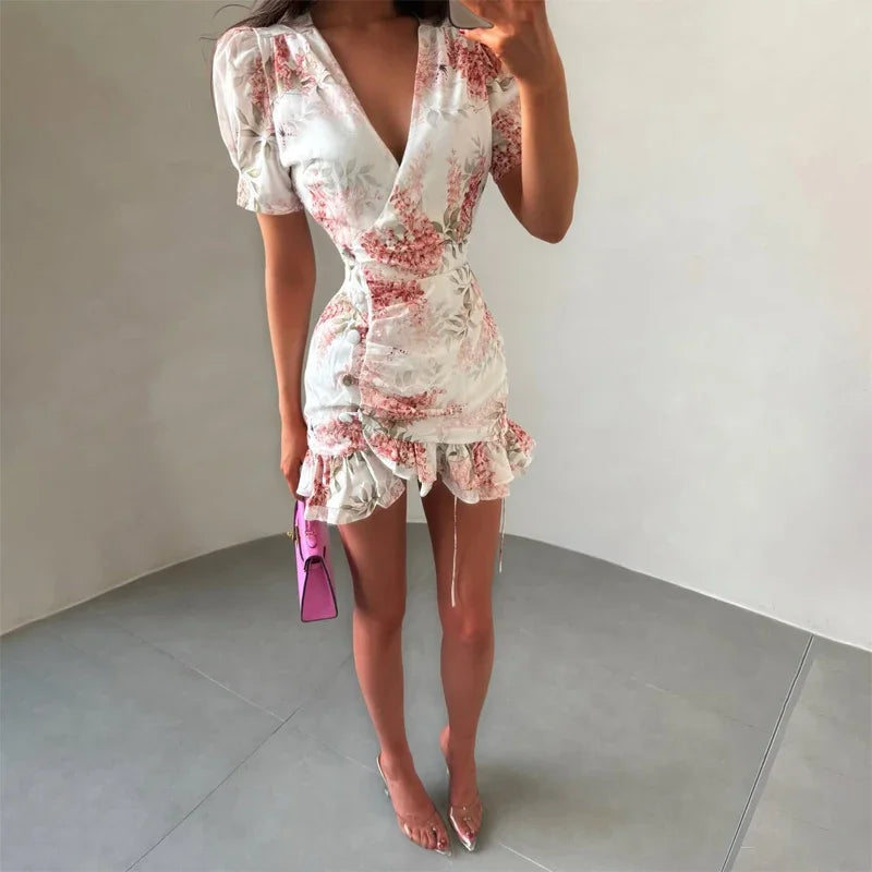 Chic Ruffle Print Slim Short Dress Women Chic Patchwork Flared sleeves V-neck Pleated Dresses 2026 Lady Summer Casual Vestido
