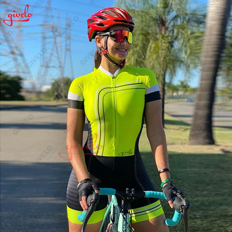 GIVELO Women's Female Cycling Macaquinho Ciclismo Feminino Triathlon Women's Short Sleeve Dress Suit Summer Blue Cycling Overall