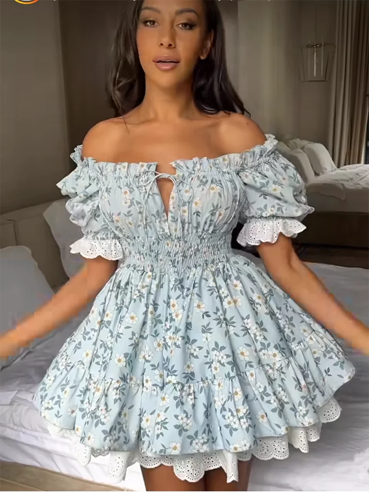 Gypsylady Geblümtes gestuftes Rüschen-Minikleid Spitze Puffärmel Sommerurlaub Sexy Schnürkleid Damen Kleider Party Damen Vestidos Neu