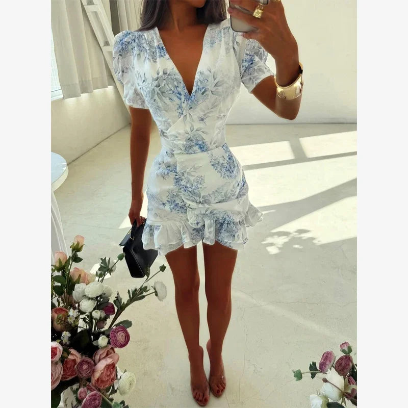 Chic Ruffle Print Slim Short Dress Women Chic Patchwork Flared sleeves V-neck Pleated Dresses 2026 Lady Summer Casual Vestido