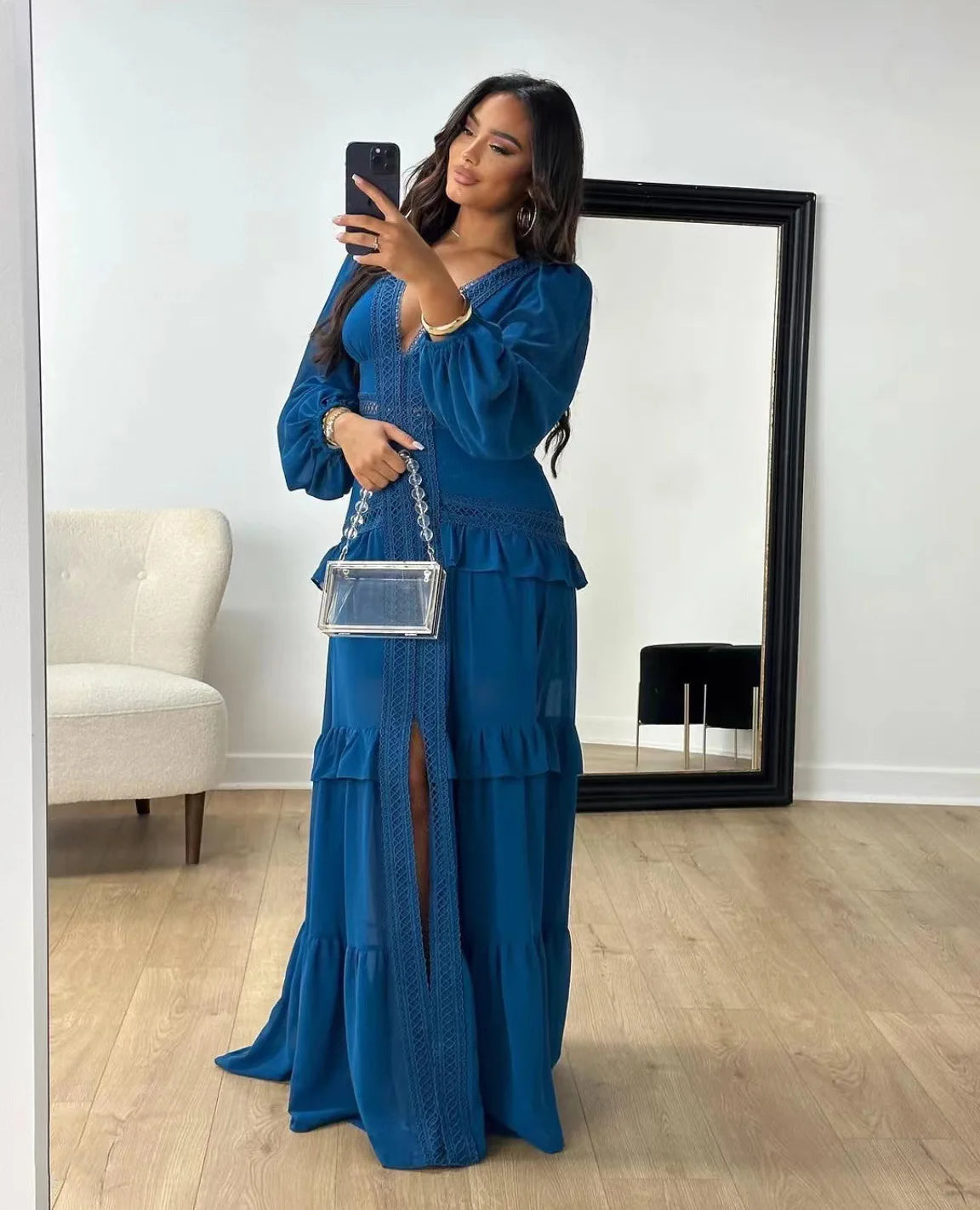 CM.YAYA Damen V-Ausschnitt Langarm Rüschen Spitze Langes Maxi-Kleid 2025 Frühling Strand Urlaub Party Sexy Street Vestidos Sexy Kleider