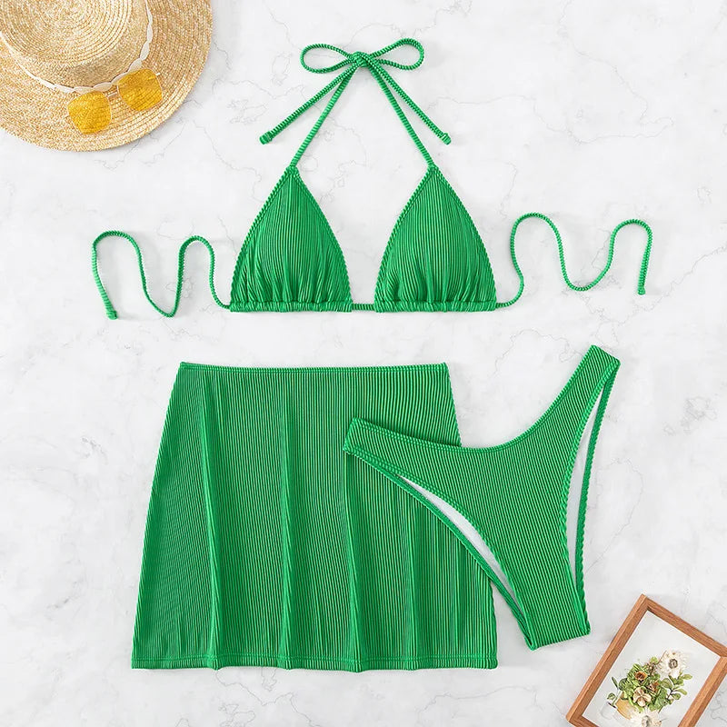 3-teiliger gerippter Bikini 2026, Neckholder-Triangel-Bikini & Rock, Bademode, Damen-Badeanzug, weibliche Strandmode