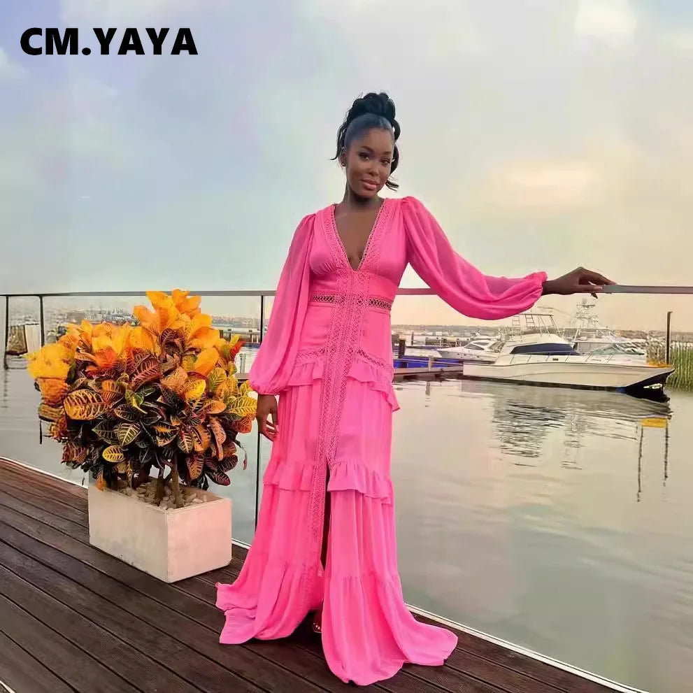 CM.YAYA Damen V-Ausschnitt Langarm Rüschen Spitze Langes Maxi-Kleid 2025 Frühling Strand Urlaub Party Sexy Street Vestidos Sexy Kleider