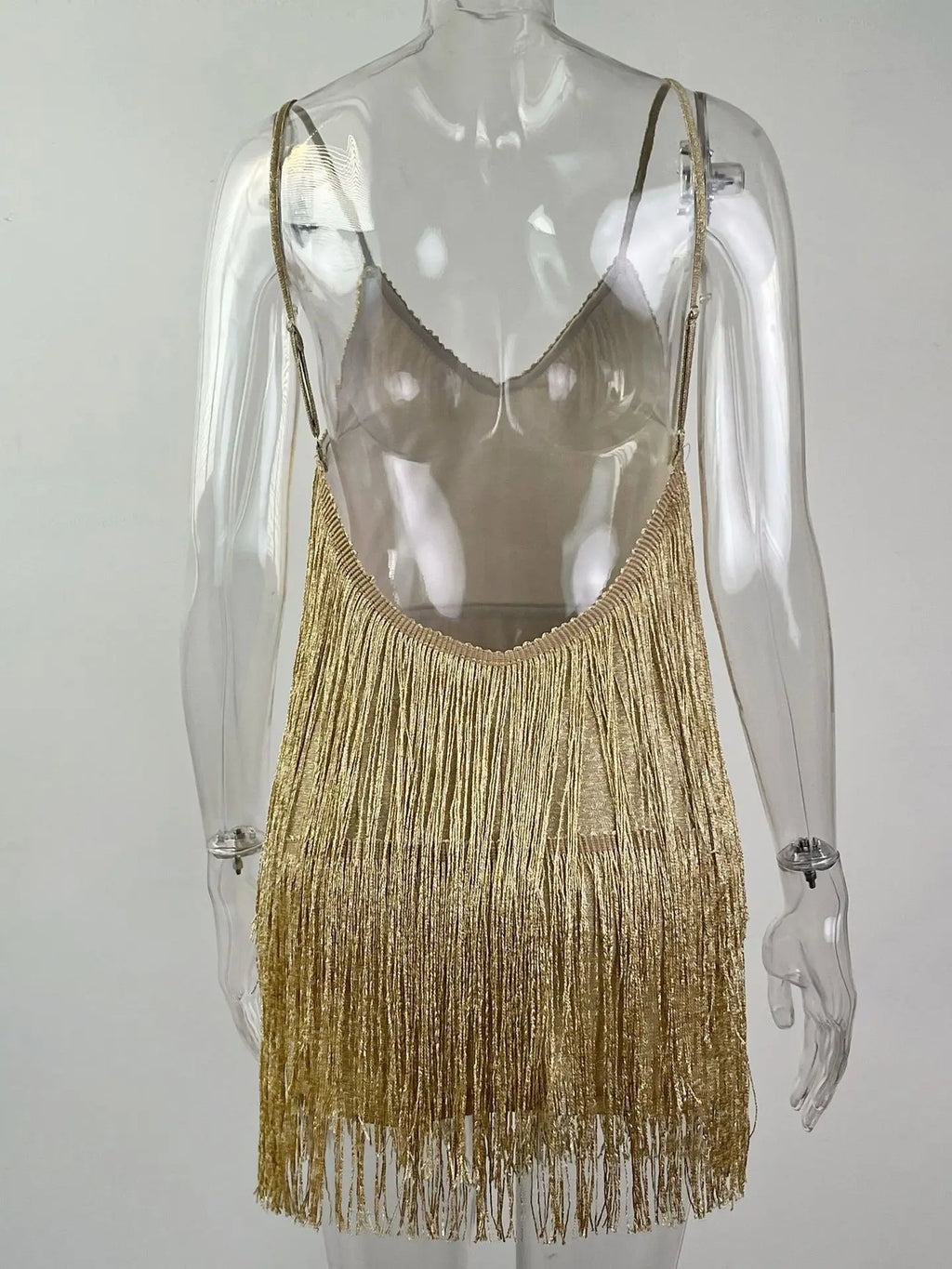 Leosoxs Damen sexy tiefes V-Ausschnitt Spaghettiträger Fransen Bodycon Minikleid Quasten rückenfrei Gatsby Cocktail Club Partykleider