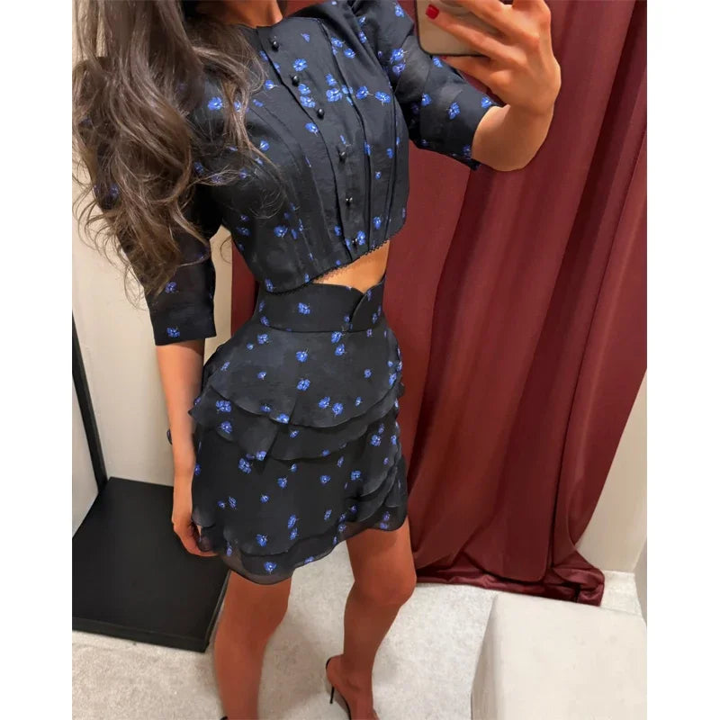 Chic Ruffle Print Slim Short Dress Women Chic Patchwork Flared sleeves V-neck Pleated Dresses 2026 Lady Summer Casual Vestido