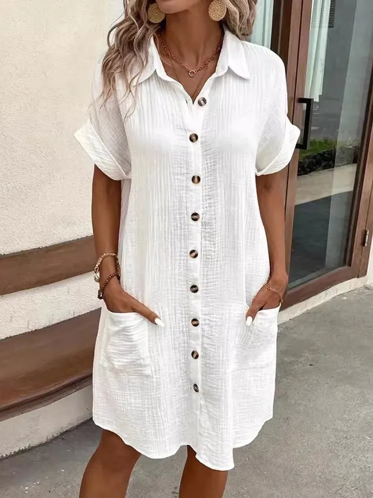 Sommerliches, einfarbiges, schlichtes Kurzarm-Hemdkleid für Damen mit Umlegekragen, einreihig, lässig-elegant, locker geschnitten