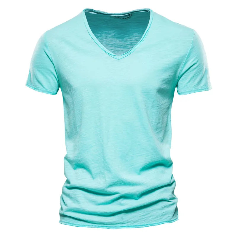 Brand Quality 100% Baumwolle Herren T-Shirt V-Ausschnitt Fashion Design Slim Fit Uni T-Shirts Herren Oberteile Kurzarm T-Shirt Für Herren