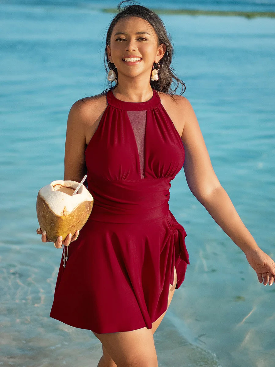 2025 Sexy Großer Einteiliger Bikini Damenkleid Solider Badeanzug Eng Anliegender Push-Up Damenkleid Bademode Netz-Strandrock Badeanzug