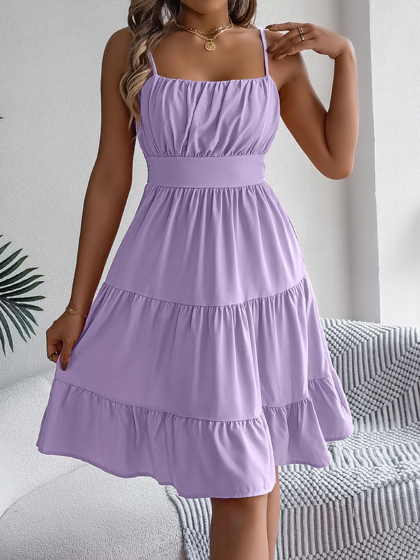 Lässiges Rüschen-Trägerkleid für den Urlaub, Frühling Sommer Damen Einfarbige Kleider für den Valentinstag 2026 Damenbekleidung Rosa Blau